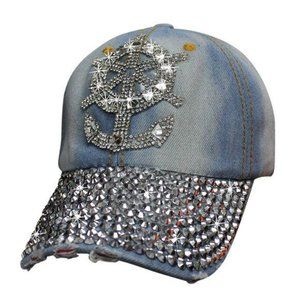 New Anchor Ship Wheel Bling Hat Distressed Denim